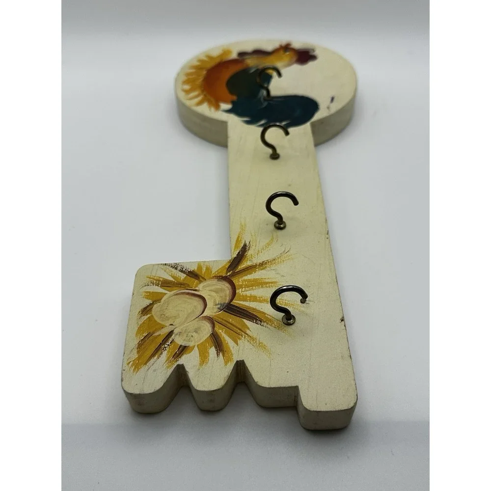 4 Key Holder Wooden Wall Mount Hand Painted Rooster Chicken Cottage Core Country
